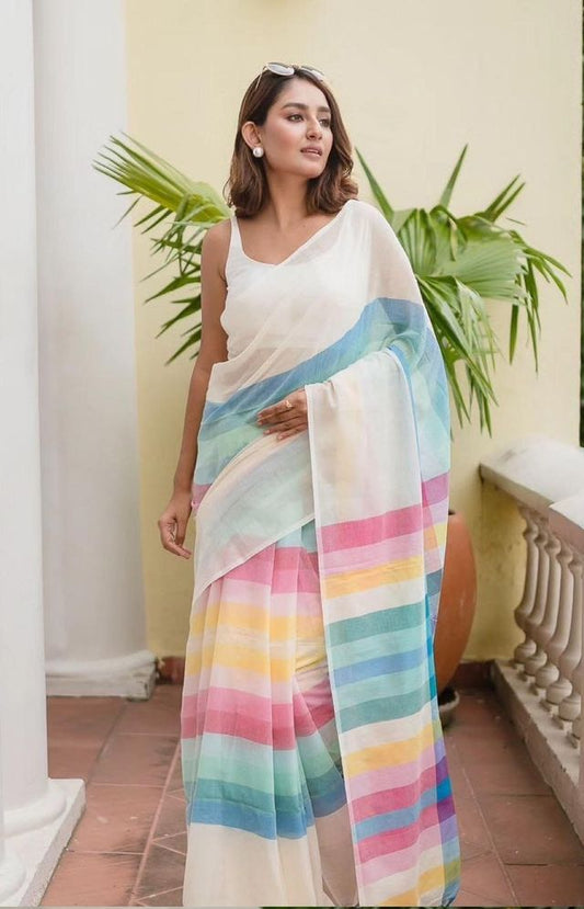 Women's Linen Cotton Digital Print Saree | Lightweight Ethnic Wear | Elegant Everyday Saree
