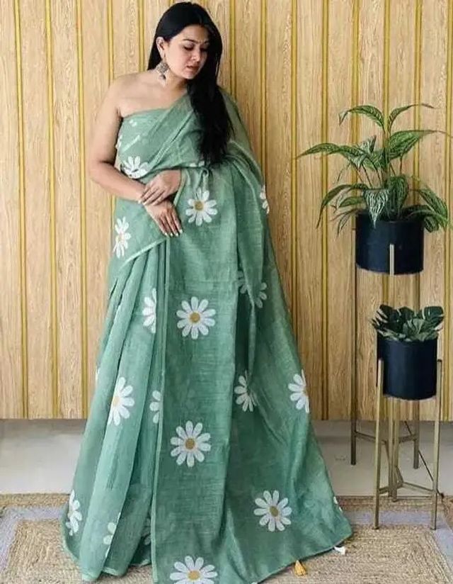 Women's Linen Cotton Printed Saree | Soft Lightweight Casual & Festive Wear Saree