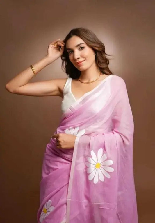 Women's Linen Cotton Printed Saree | Soft Lightweight Casual & Festive Wear Saree