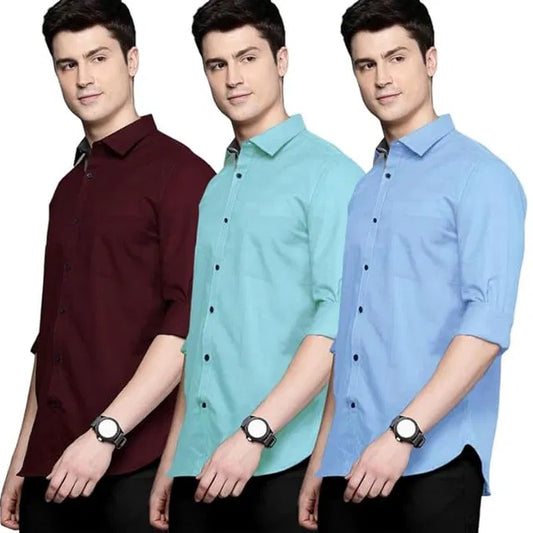 Men's Plain Cotton Shirts (Pack of 3) | Regular Fit Casual Shirts | Soft Everyday Wear