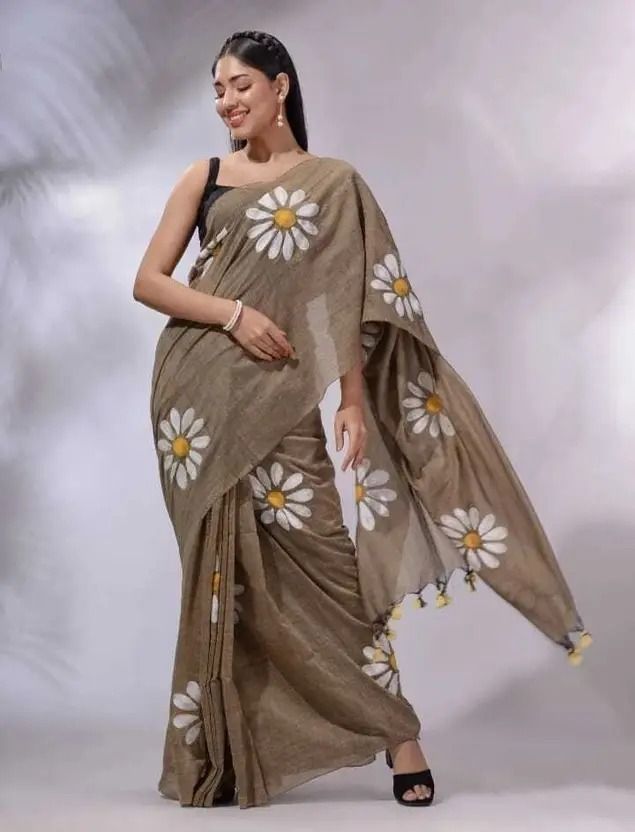 Women's Linen Cotton Printed Saree | Soft Lightweight Casual & Festive Wear Saree