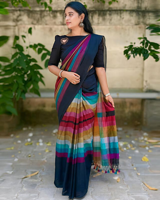 Women's Black Linen Cotton Digital Print Saree | Elegant Traditional Ethnic Wear | Lightweight Festive Saree